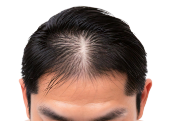 Man showing hair loss and restored hair side by side isolated on transparent or white background