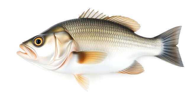seabass. A fresh sea bass fish with detailed scales, isolated on a white background. wildlife magazines, conservation campaigns, designed for nature documentaries and education.