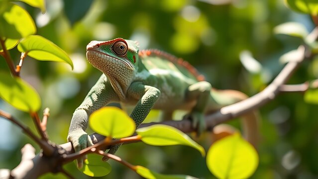 whiptail. Chameleon on a tree branch mid-color change, blending with green leaves. wildlife magazines, conservation campaigns, designed for eco-tourism storytelling.