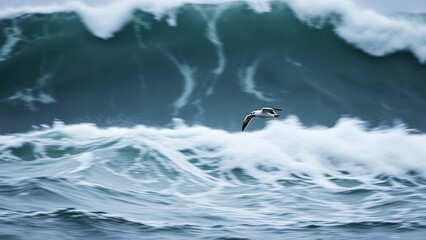 titanic. A storm petrel diving against towering waves in a stormy sea. wildlife magazines, conservation campaigns, designed for wildlife conservation campaigns, used by curriculum designers.