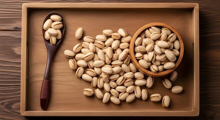 Overhead view of pistachios in a wooden bowl and spoon on a wooden tray healthy snack food concept