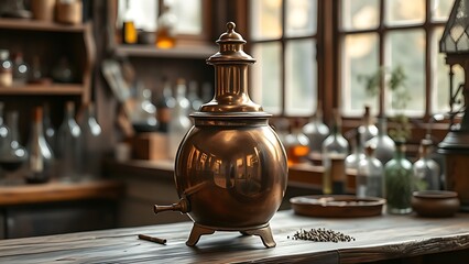 alembic. Vintage copper alembic still on a wooden workbench in an alchemist's workshop with a blurred background. STEM education sheets.