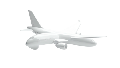 A rendered, white aircraft, side view, on a solid black background, high detail