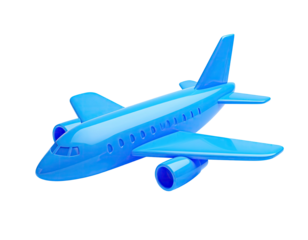 A glossy, cyan toy airplane rendered on a stark black background, 3D style