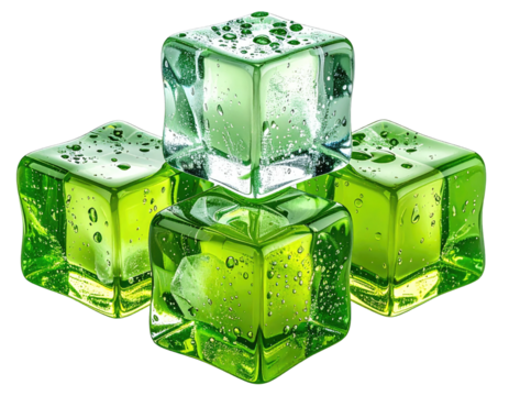 Four bright green, translucent ice cubes with water droplets, stacked on black