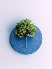 A solitary tree with green foliage stands on a textured blue circular surface, set against a clean white background. The lighting is soft and diffused.