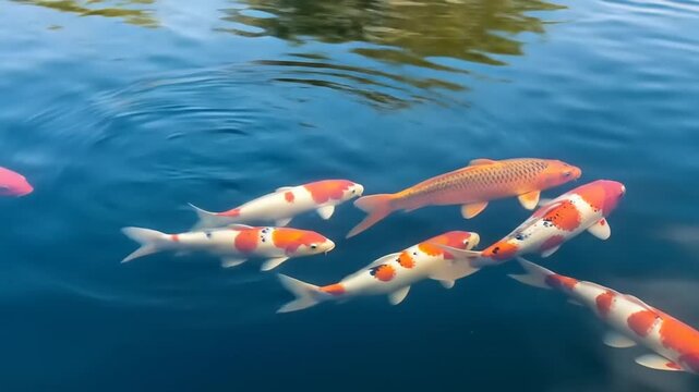 Koi Fish Swimming in a Pond with Clear Blue Water.