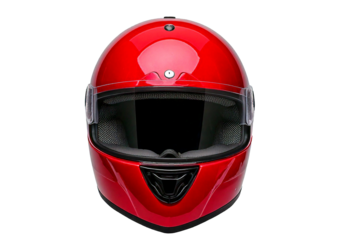 Red motorcycle helmet with black visor isolated on transparent or white background