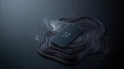 A dark smartphone with a glowing cloud icon on its screen rests on a bed of flowing black lines and scattered white particles against a dark, moody background.