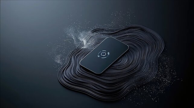 A dark smartphone with a glowing cloud icon on its screen rests on a bed of flowing black lines and scattered white particles against a dark, moody background.