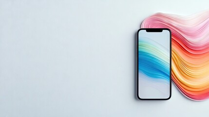 A modern smartphone is placed on a clean white surface, next to a dynamic swirl of colorful paper strips in shades of pink, orange, and blue. The screen display
