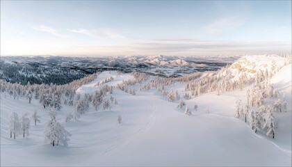 A vast, panoramic view of a snow-covered mountain range at sunrise. Frost-covered trees dot the landscape, with rolling hills and distant mountains under a soft