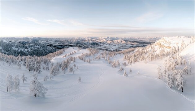 A vast, panoramic view of a snow-covered mountain range at sunrise. Frost-covered trees dot the landscape, with rolling hills and distant mountains under a soft