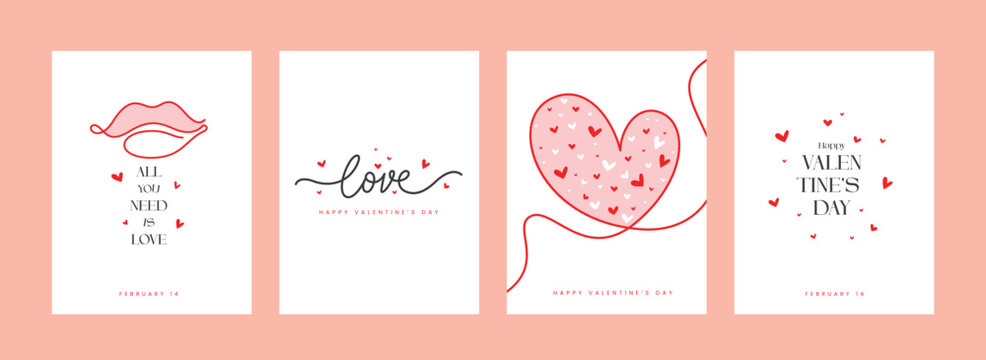 Set of four minimalist Valentine's Day vertical cards or posters with line art illustrations of a lip, heart, and stylized "Love" typography. - Powered by Adobe