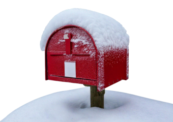 Snow-covered mailbox standing alone in winter, isolated on transparent or white background