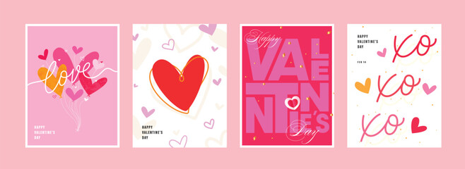 Set of four playful, modern Valentine's Day vertical cards or poster templates featuring hearts, hand-drawn elements, bold typography, and XO script.