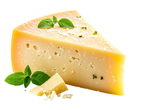A triangular wedge of hard cheese, with holes, basil leaves, and crumbs