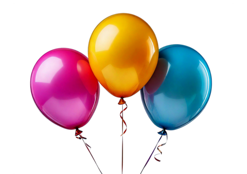 Colorful red and yellow helium balloons isolated on transparent or white background for a fun birthday party celebration decoration