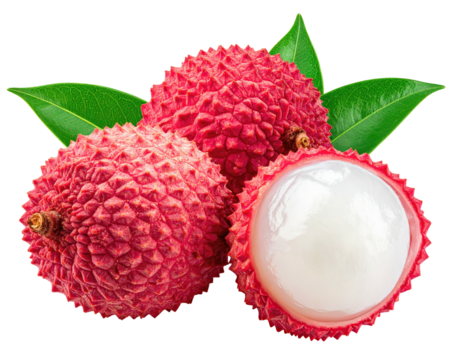 Ripe lychee fruits with textured red skin and green leaves, one cut open