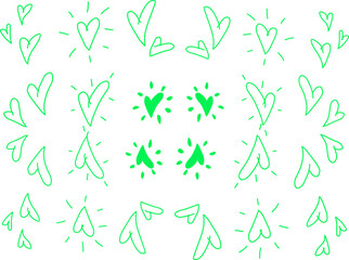 Playful green heart doodles arranged in a charming pattern, featuring glowing accents and a cheerful, hand-drawn style perfect for cute designs and romantic themes.

