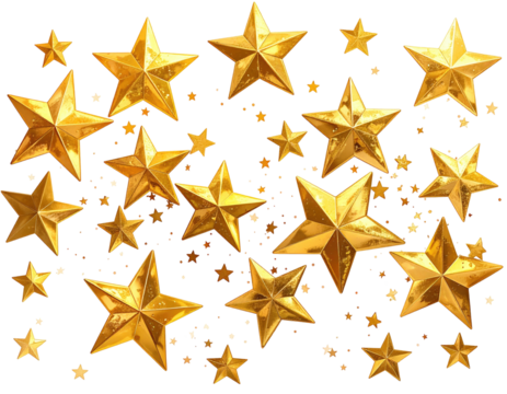 Group of gleaming gold stars in various sizes against a black background