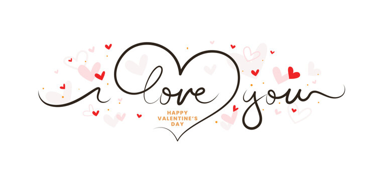 "I Love You" script typography forming a heart, surrounded by small hearts and a "Happy Valentine's Day" message.