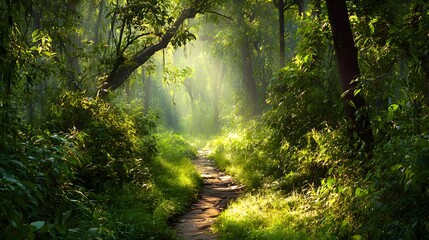 Naklejka premium Sunlight streams through dense canopy illuminating a winding dirt pathway through a lush green forest