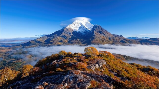 A majestic snow-covered mountain peak stands tall against a clear blue sky, with a layer of soft white clouds blanketing the valley below. The foreground is ado