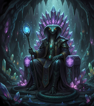 fearsome, armored Naga or Cobra King sorcerer sits imperiously on a throne carved from glowing, purple, and blue crystals in a dark, atmospheric fantasy cave or dungeon. The character holds a magical 