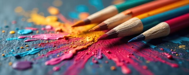 Fototapeta premium Close-up of paintbrushes intertwined, vibrant colors mixing on a palette, representing the fusion of artistic souls and passionate creation , still life, masterpiece