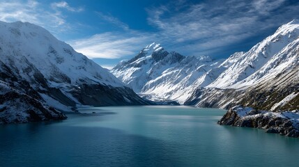 Obraz premium Majestic snow covered mountains tower over a glacial lake under a bright blue sky