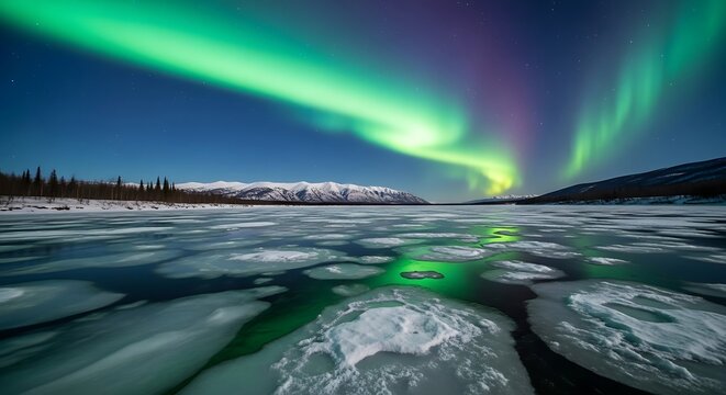 Stunning Aurora Borealis over a frozen lake with ice formations.