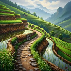 Fototapeta premium Winding Stone Path Through Lush Green Rice Terraces in Asia.