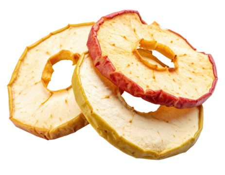Three thin, dried apple slices, overlapping, showing texture and color variations