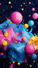 Vibrant colorful ink explosion with pink yellow and blue spheres floating in a dark cosmic background.