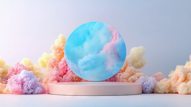 A pastel pink pedestal supports a large, translucent sphere filled with swirling blue and pink clouds. The sphere is framed by fluffy, multicolored cotton candy