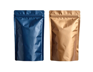 Two metallic stand-up pouches, blue and gold, with sealed zippers, set against black