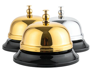 Three metallic service bells, gold, silver, and brass, on black circular bases