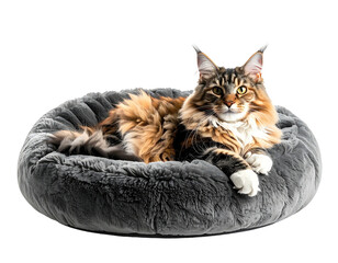 A regal, long-haired feline lounges gracefully in a soft, plush, gray bed