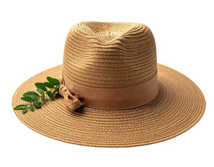 A wide-brimmed woven sunhat with a tan band and a sprig of green leaves