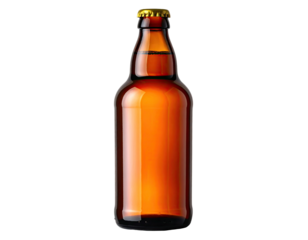 A tall amber glass bottle of a cold beverage, isolated on a stark black background