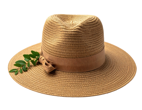 A wide-brimmed woven sunhat with a tan band and a sprig of green leaves - Powered by Adobe