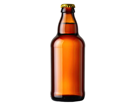 A tall amber glass bottle of a cold beverage, isolated on a stark black background