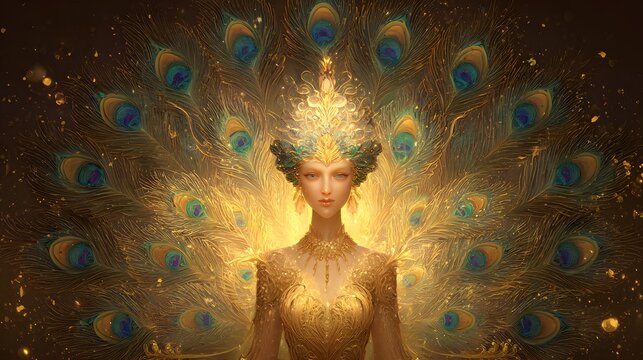 Majestic regal female figure adorned with an elaborate peacock feather display radiates golden light