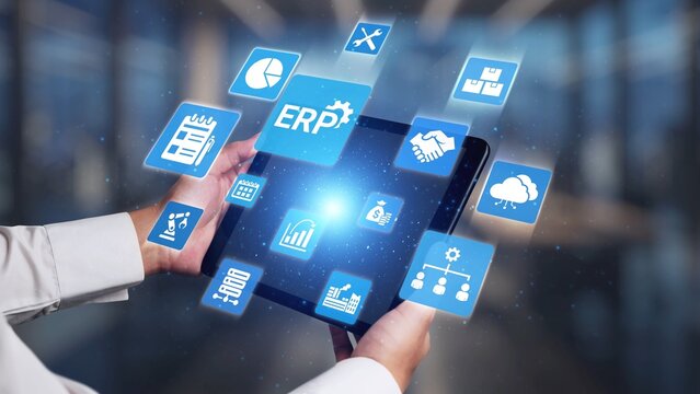 ERP icons show management, integration, and business process. ERP supports data management, ERP efficiency, and ERP organizational solutions. Gist - Powered by Adobe