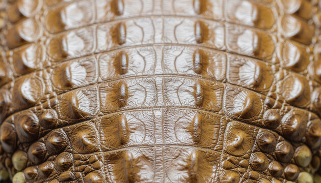 Detailed close-up of textured, brown alligator or crocodile skin showing regular patterns of large, glossy scutes. Excellent for luxury leather backgrounds.