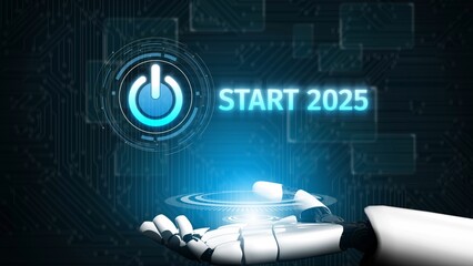 Start 2025 concept with futuristic power button symbolizing fresh beginnings, innovation, and digital transformation. Start 2025, new goals, and start 2025 initiative. Muxer