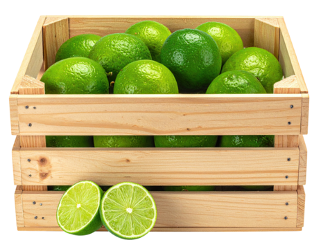 Wooden crate overflowing with fresh, vibrant green limes, plus two halves