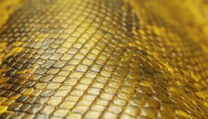 Naklejka premium Close-up, detailed texture of snake skin featuring small, regular scales in vivid golden yellow and dark brown tones. Great exotic leather background.