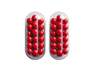 Two transparent capsules filled with vibrant red spheres, side-by-side against black